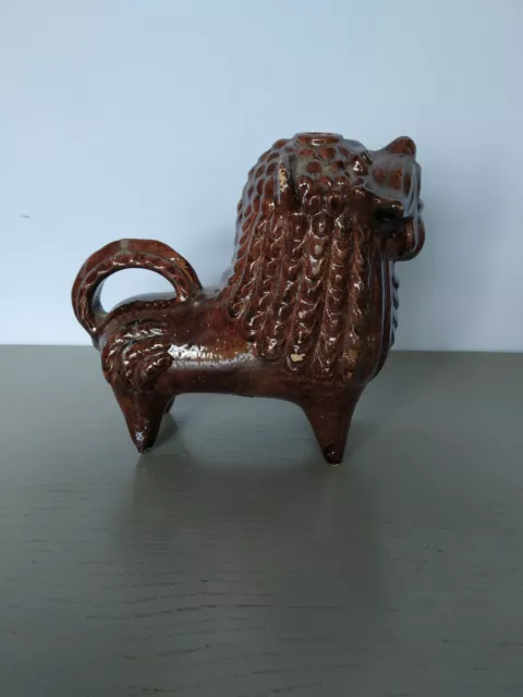 Vintage Handmade Pottery Ceramic Glaze Figurine Lion 60s Folk Pottery