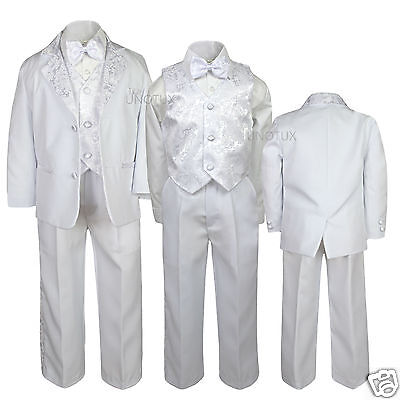 New Boy Baptism Communion Wedding Formal Paisley White Tuxedo Suit size 5-20