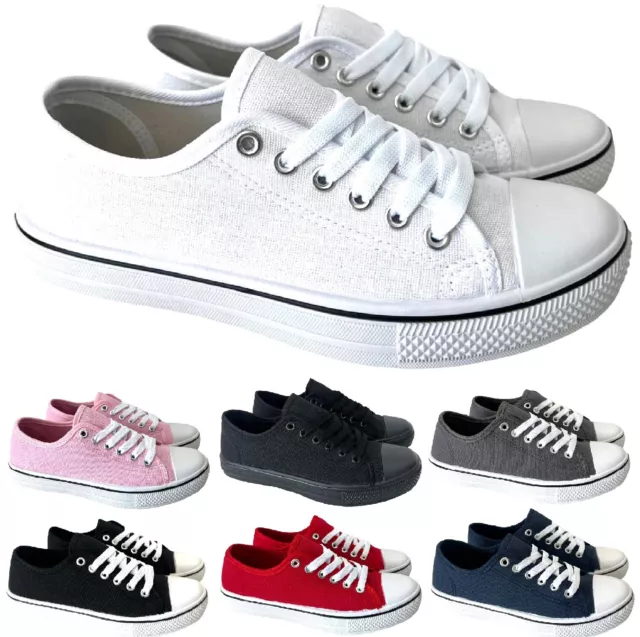 Ladies Flat Lace Up Plimsolls Canvas Pumps Shoes Womens Summer Trainers Size 3-8