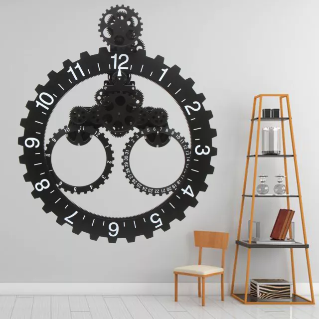 Large Black Metal Gear Wall Clock Mechanical Moving Gear Clock Calendar Wheel 2