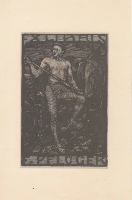 Exlibris Bookplate Holzstich Bruno Heroux 1868-1944 Männerakt Pflug Pferde Akt