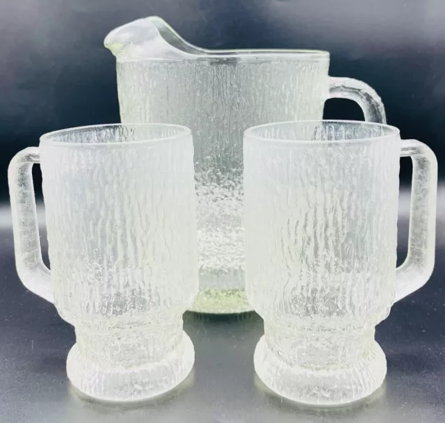 2 Vtg 1980s Indiana Glass Crystal Ice Bark Footed Mugs & 1 Pitcher