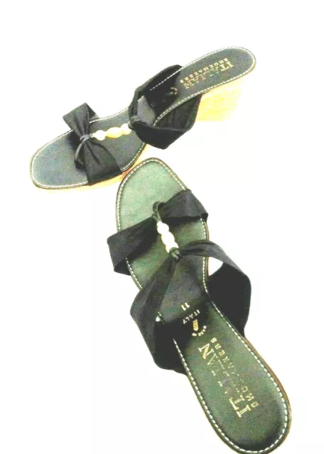 Italian Shoemakers Women 11 Black Beaded Wedge Thong Sandals Italy Heel Slippers