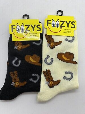Foozy Women Novelty Socks Cowboy, Cowgirl,Boot, Hat, Horse 2 Pair Black Cream
