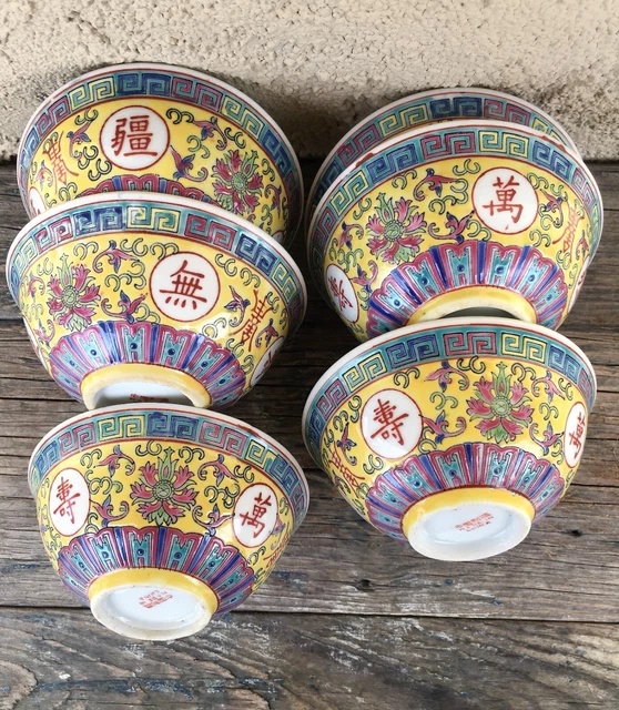 6 Mun Shou Famille Rose Jingdezhen Red Chinese Porcelain Longevity Soup Bowls