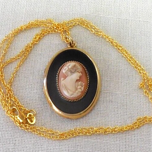 Antique Vintage Bliss Bro's 10K Gold Filled. Black Enamel, Carved Shell Locket