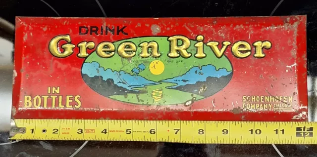 1919 Antique General Store Sign. Drink GREEN RIVER In Bottles. 4 1/2" x 12" Tin