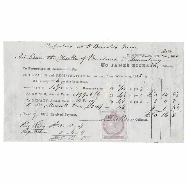 ST BOSWELLS Roxburghshire Poor Rates Receipt 1863