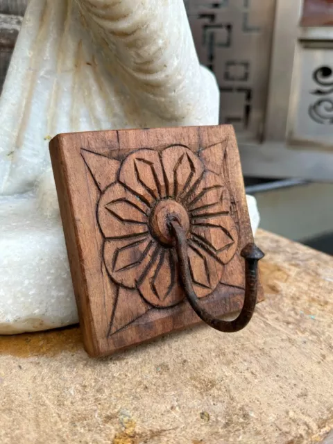 Antique Old Wooden Hand Carved  Floral  Design Wall Hanging Hook Hanger