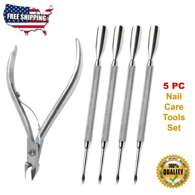 Cuticle Nipper Pusher Manicure Pedicure Nail Care Tools Set Kit Spa Salon (5 Pc)