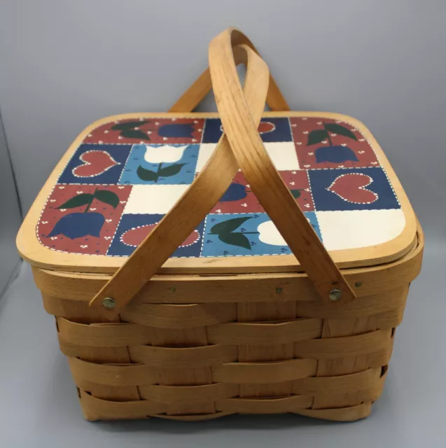 Basketville Putney Vermont Hearts & Tulips Painted 13x13 Hinged Lid Basket Trays