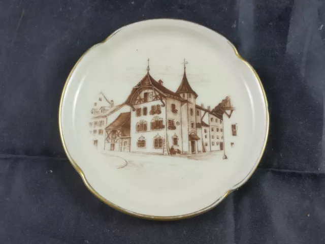 kleiner Teller von Rosenthal Kronach mit Goldrand Mottiv Aarau Mühle 1888