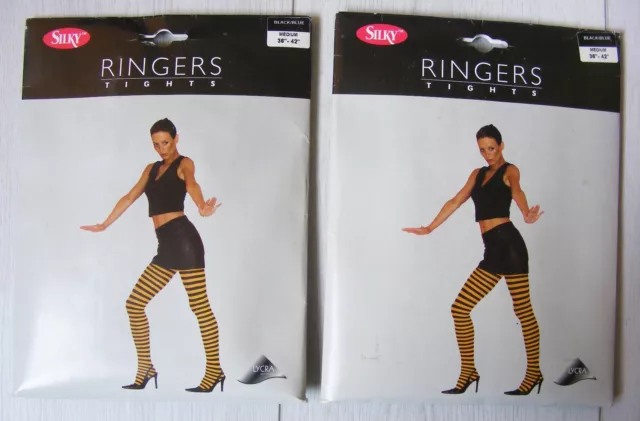 2 Pairs 'Ringers' Blue/Black Striped/Stripy Tights/Pantyhose Size Medium