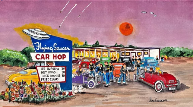 Flying Saucer Car Hop art print Worcester MA Roadside Diner 1950s wall decor ufo