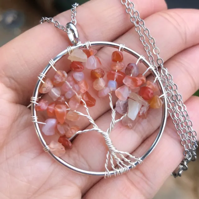 Natural Red Agate Gems Tree Of Life Necklace Chakra Reiki Healing Amulet