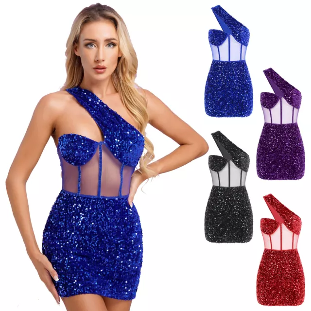Sexy Damen Glitzer Pailletten Netz Patchwork eine Schulter Nachtclub Party Minikleid 2