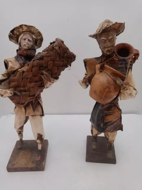 2 Vtg  Handmade Mexican Corn Leaf Paper Mache Folk Art Elder Harvest Figures 12"