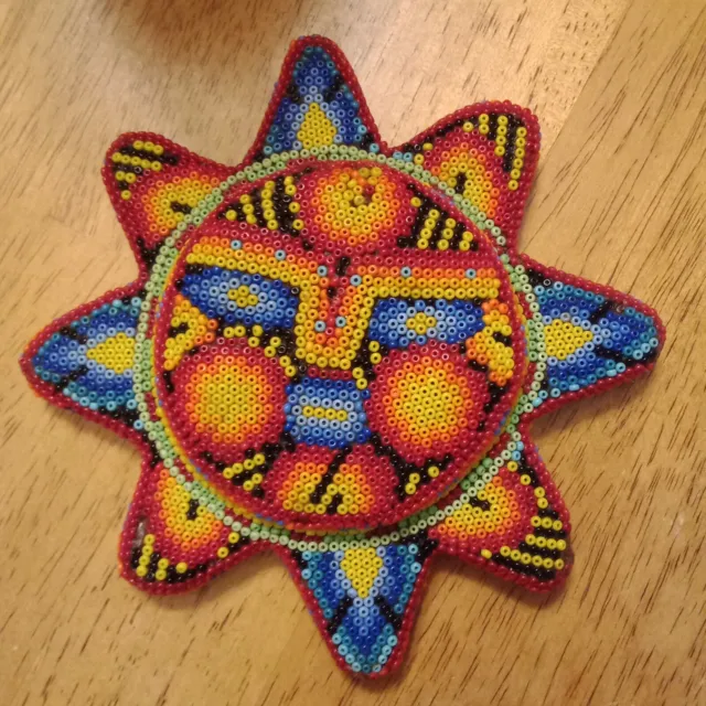 5.5" Huichol Art Brightly Colored Beaded Clay on Wood Sun Wall Hanging