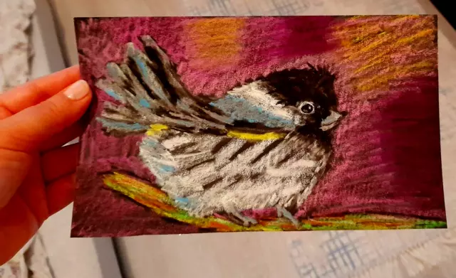 Chickadee Original óleo pastel pintura pájaro flor árbol arte teta pintura 2