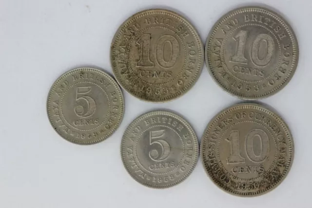 Lot 5 coins Malaya 10 cents (1950, 1953), 5 cents (1953)  (3401754/O86)