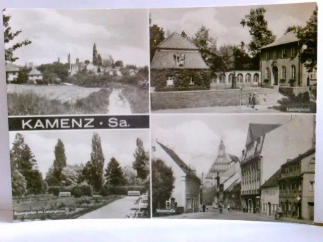 Kamenz in Sachsen. Mehrbild AK s/w. Ortsansicht mit Kirche, Lessinghaus, Rosenga