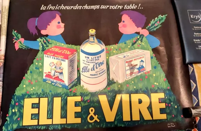 ancienne affiche publicitaire papier ELLE & VIRE de André Rolland - 1960
