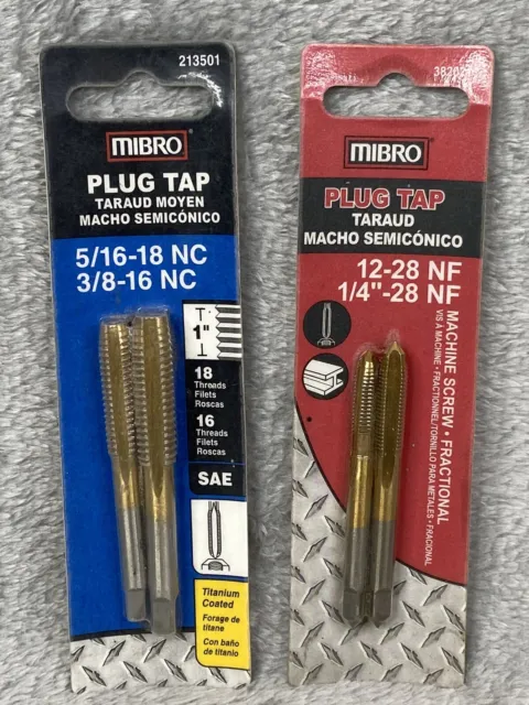 MIBRO Plug Tap 12-28 NF and 1/4-28 NF 382021 & 5/16"-18 NC 3/8"-16 NC Lot of 2