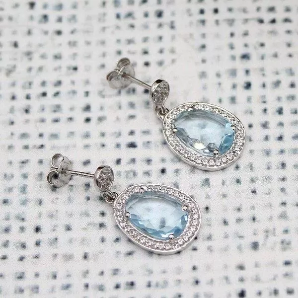 Magnifique Naturel Topaze Bleu Halo 14k Argent Plaqué Or Boucles D'Oreilles Et