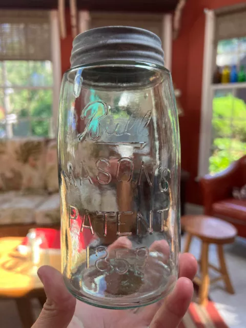 19th c. Ground Lip Aqua Colored Ball Mason's Patent 1858 Quart Fruit Jar w/ Lid