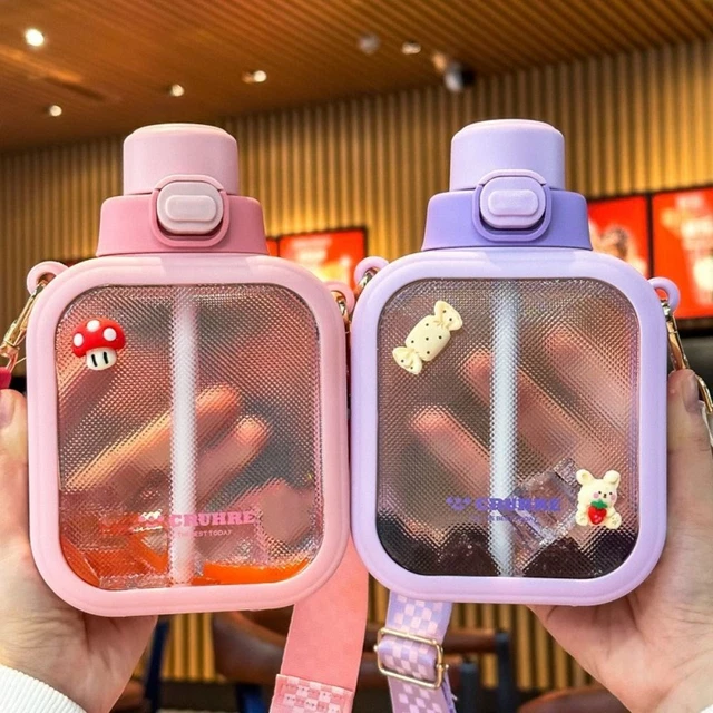 Cute Square Plastic Water Cup Drinking Bottle Outdoor Bottle with Straw