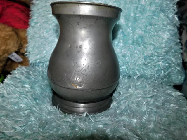 Antique Quart Surrey Pewter Tankard Vr Touchmarks H Monogram + Railway Arms Base