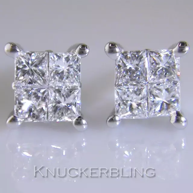 DIAMOND CLUSTER STUD Earrings 1.00ct Certified Princess Cut F VS 18ct ...