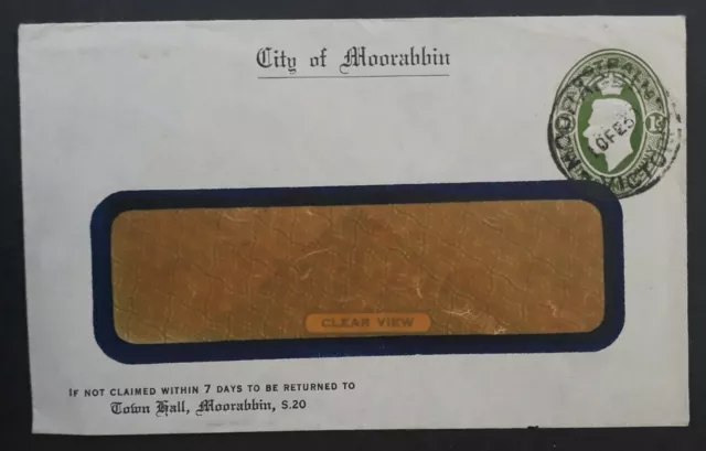 1939 Australia 1d Green Pre Printed KGV1 Window Cover CITY OF MOORABBIN Used