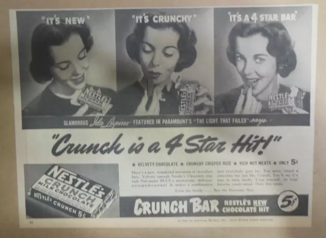 Nestle's Chocolate Ad: Ida Lupino Crunch Is a 4 Star Hit! ! 1940  8 x 10 inches