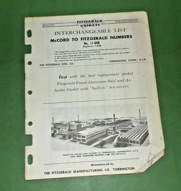 Vtg Fel-Pro Gasket Catalog McCord to Fitzgerald Interchange List 11 64B  (F11)
