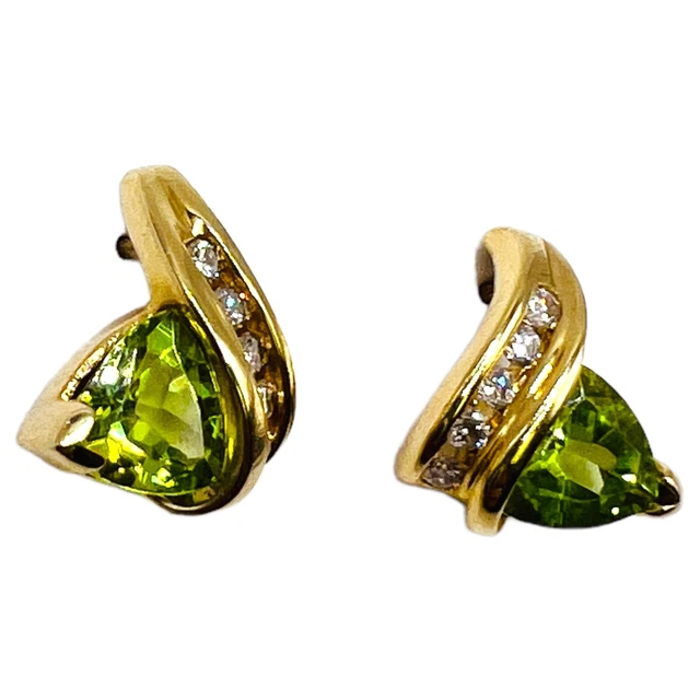 14k Solid Yellow Gold Natural Peridot Trillion Cut & Diamond Stud Post Earrings