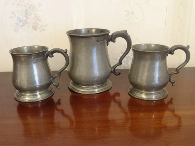 Antique Vintage Pewter Pint Mug Tankard & Two 1/2 Pint Mugs, Barware