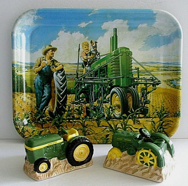 John Deere 1997 Metal  Serving Tray "Lunch Time"  Ceramic Salt Pepper Shakers CE