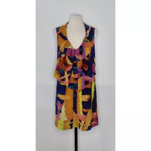 ALI RO Silk Abstract Watercolor Print Ruffled Shift Tunic Dress Ruffle Size 2