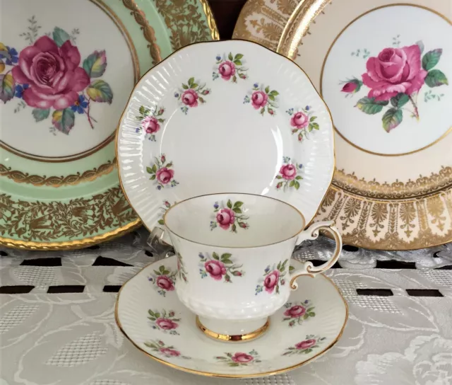 Vintage Elizabethan Fine Bone China England Rose Pattern Fluted Trio C1960'S