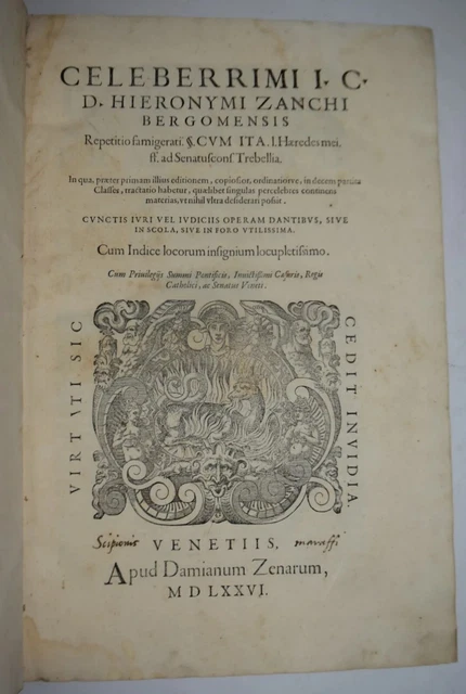 Libro antico in folio del 1576, Repetitio, autore G. Zanchi/Diritto/Calvinismo