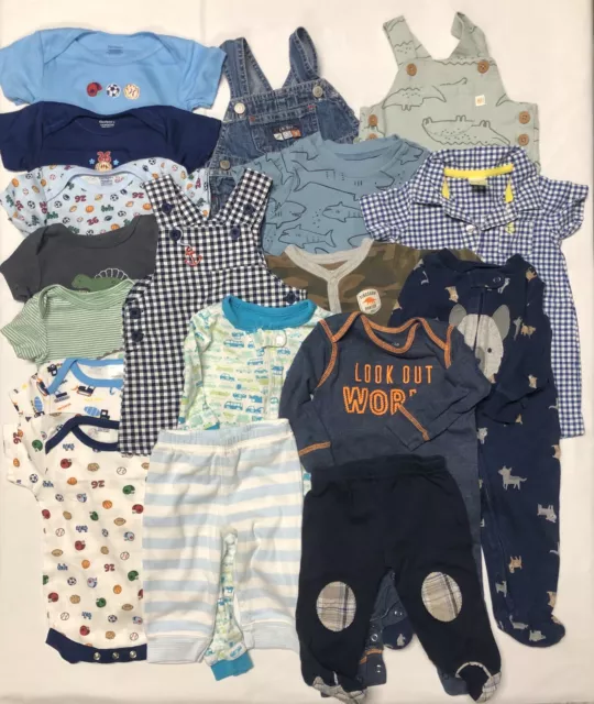 18 Piece Lot Baby Boy Clothes 3-6 Mo. Bodysuit One Piece Tops Pants Overalls