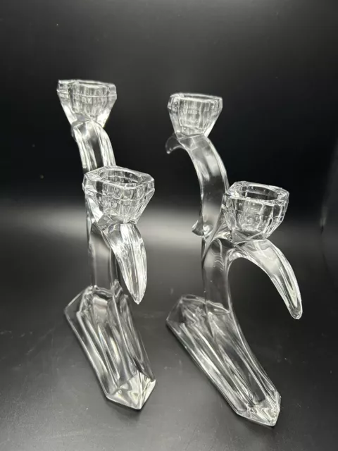 2 Bleikristall Candlestick Holders Lead Crystal Germany Vtg MCM Deco Antlers 7”