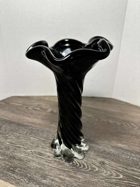 Black, Clear Art Glass Hand Blown Swirled Foot Ruffle Top 11” Vase