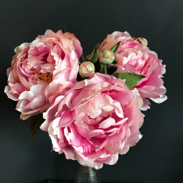 Bunch of 3 Large Mid Pink Peonies, Realistic Artificial Luxury Faux Silk Flowers