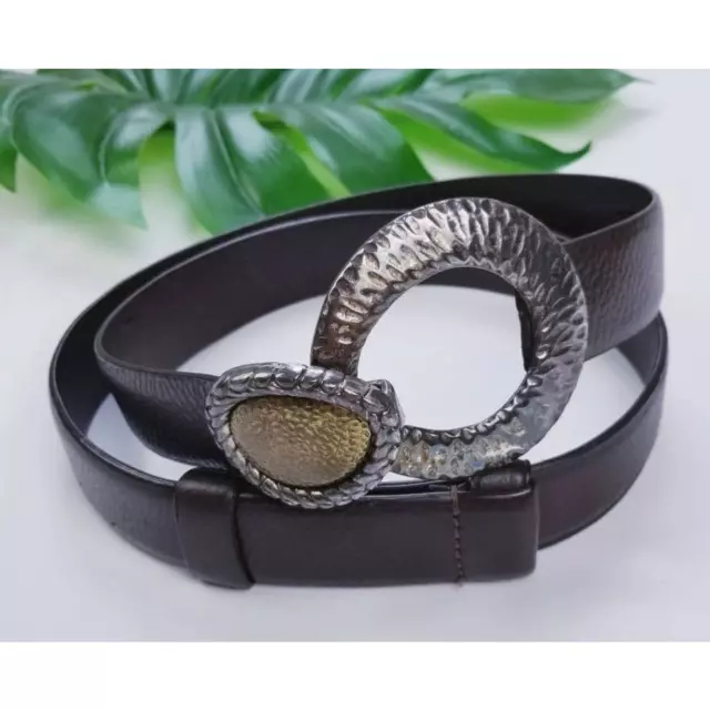 Chicos Belt Womens Genuine Leather Dark Brown Silver Brass Hammered Mixed Metal