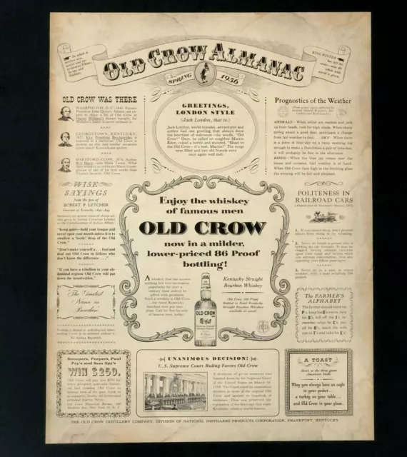 1956 Old Crow Whiskey Advertisement Almanac Bulletin Post Famous Men Print AD
