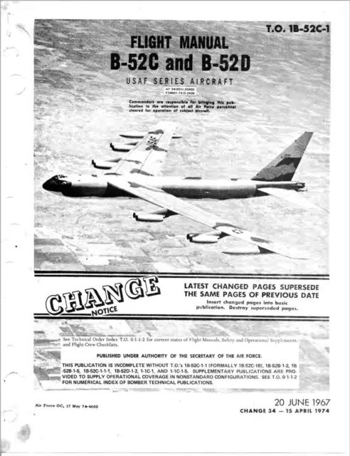 1,092 Page 1974 B-52 C & D Stratofortress Bomber TO 1B-52C-1 Flight Manual on CD