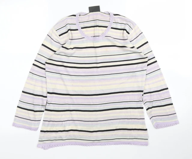 Alex & Co Damenbluse lila gestreift Seide Basic Größe 14 Schaufelausschnitt