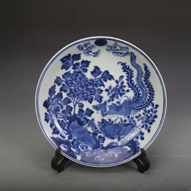 8.7" Chinese Qing Blue-and-white Porcelain Animal Phoenix Peony Flower Plate